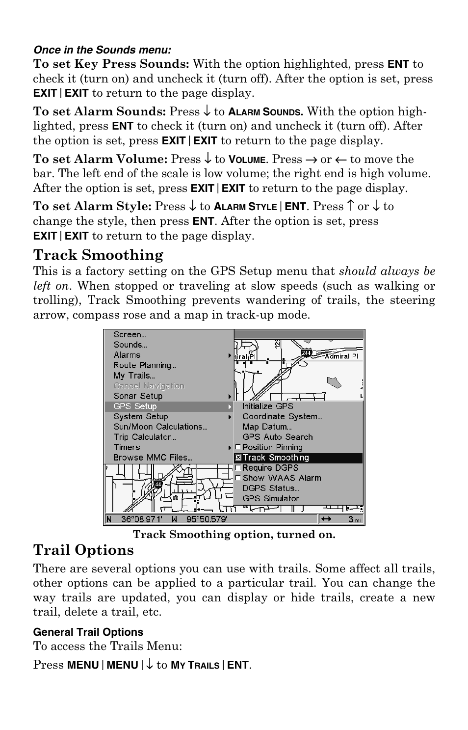 Track smoothing, Trail options, Track smoothing trail options | Lowrance electronic LCX-104C User Manual | Page 170 / 200