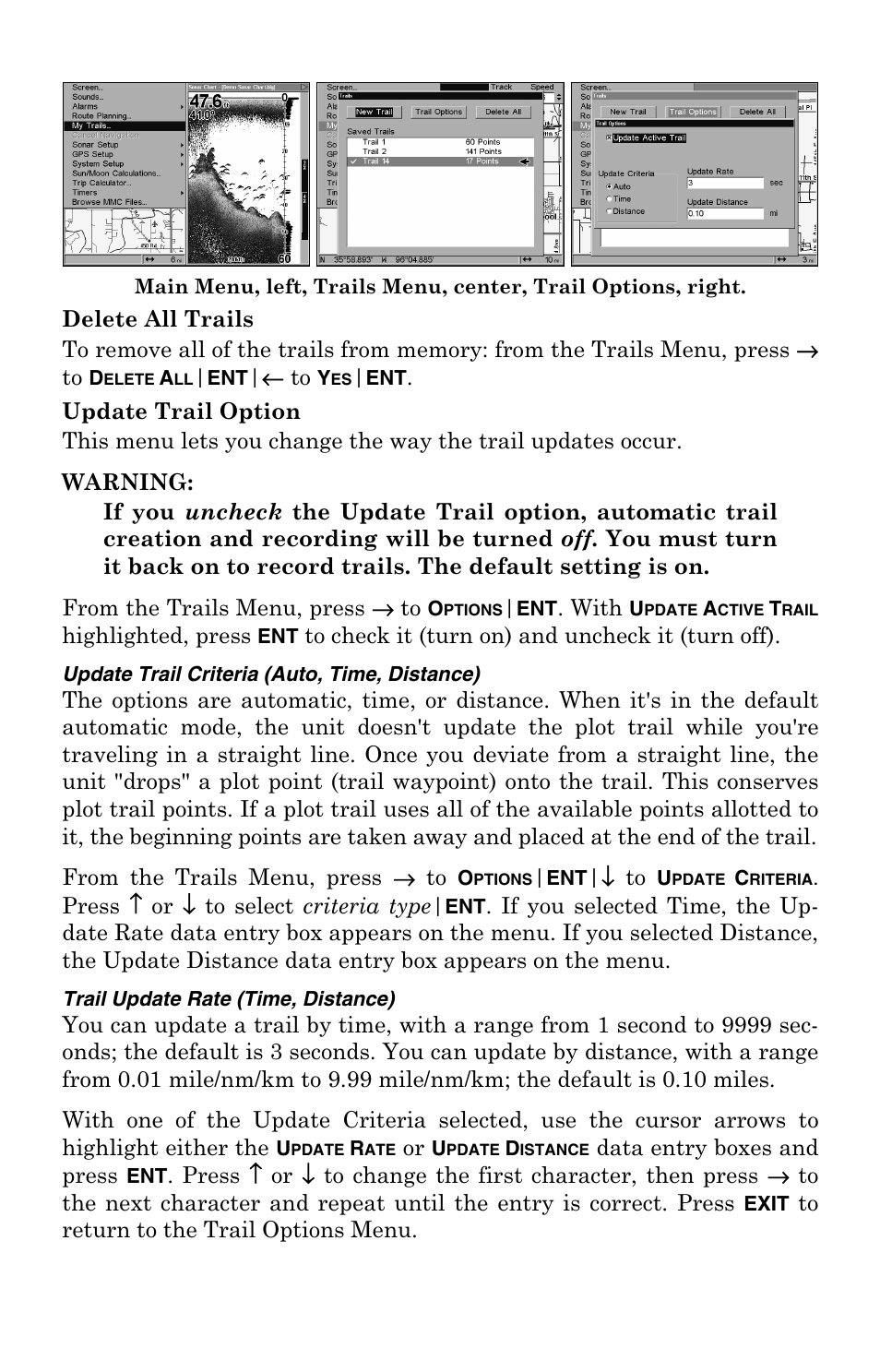 Delete all trails, Update trail option, Delete all trails update trail option | Lowrance electronic LCX-104C User Manual | Page 171 / 200