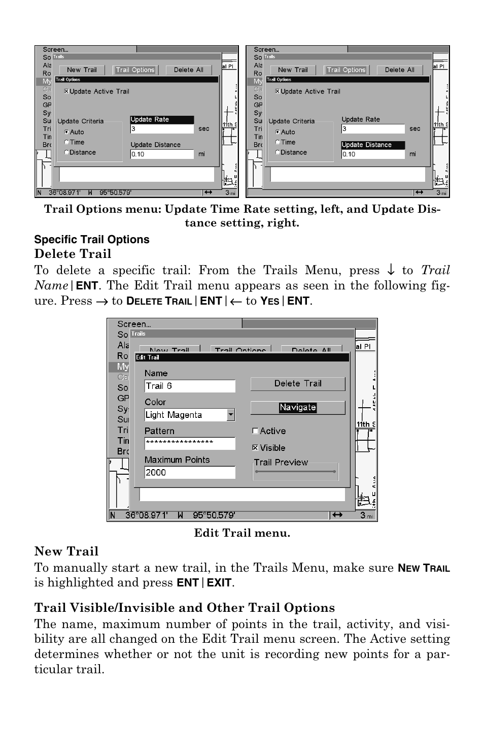 Delete trail, New trail, Trail visible/invisible and other trail options | Lowrance electronic LCX-104C User Manual | Page 172 / 200