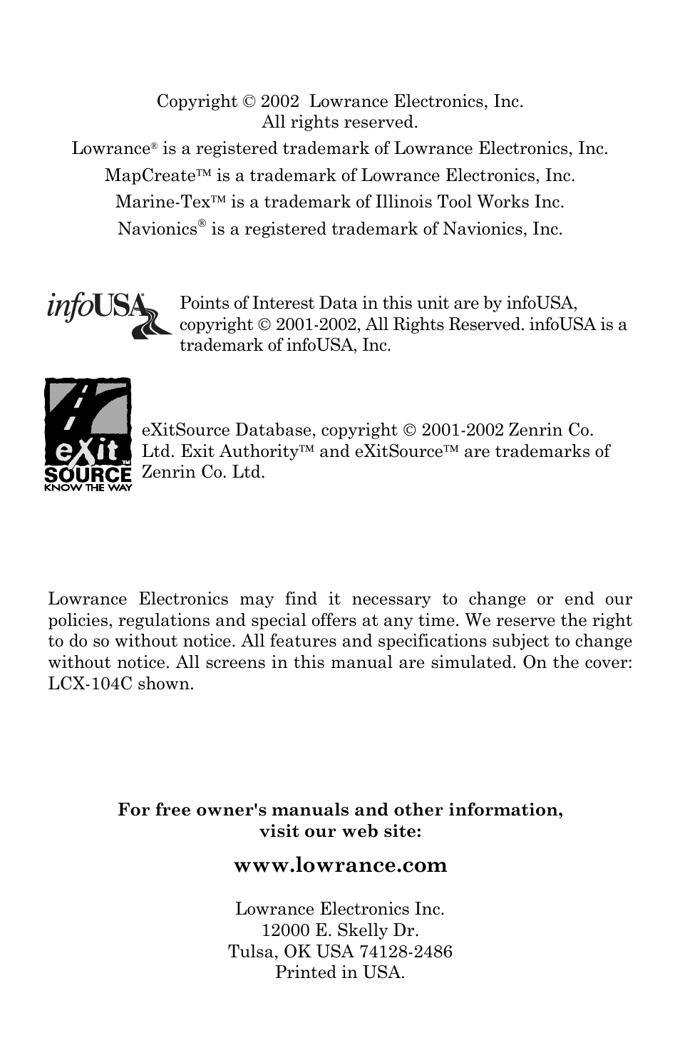 Inside cover | Lowrance electronic LCX-104C User Manual | Page 2 / 200