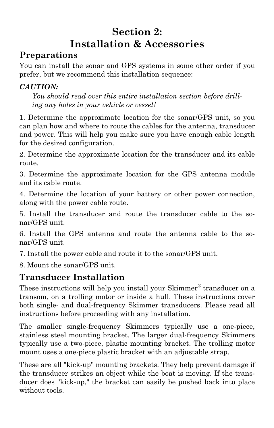 Sec. 2: installation & accessories, Preperations, Transducer installation | Preparations | Lowrance electronic LCX-104C User Manual | Page 21 / 200