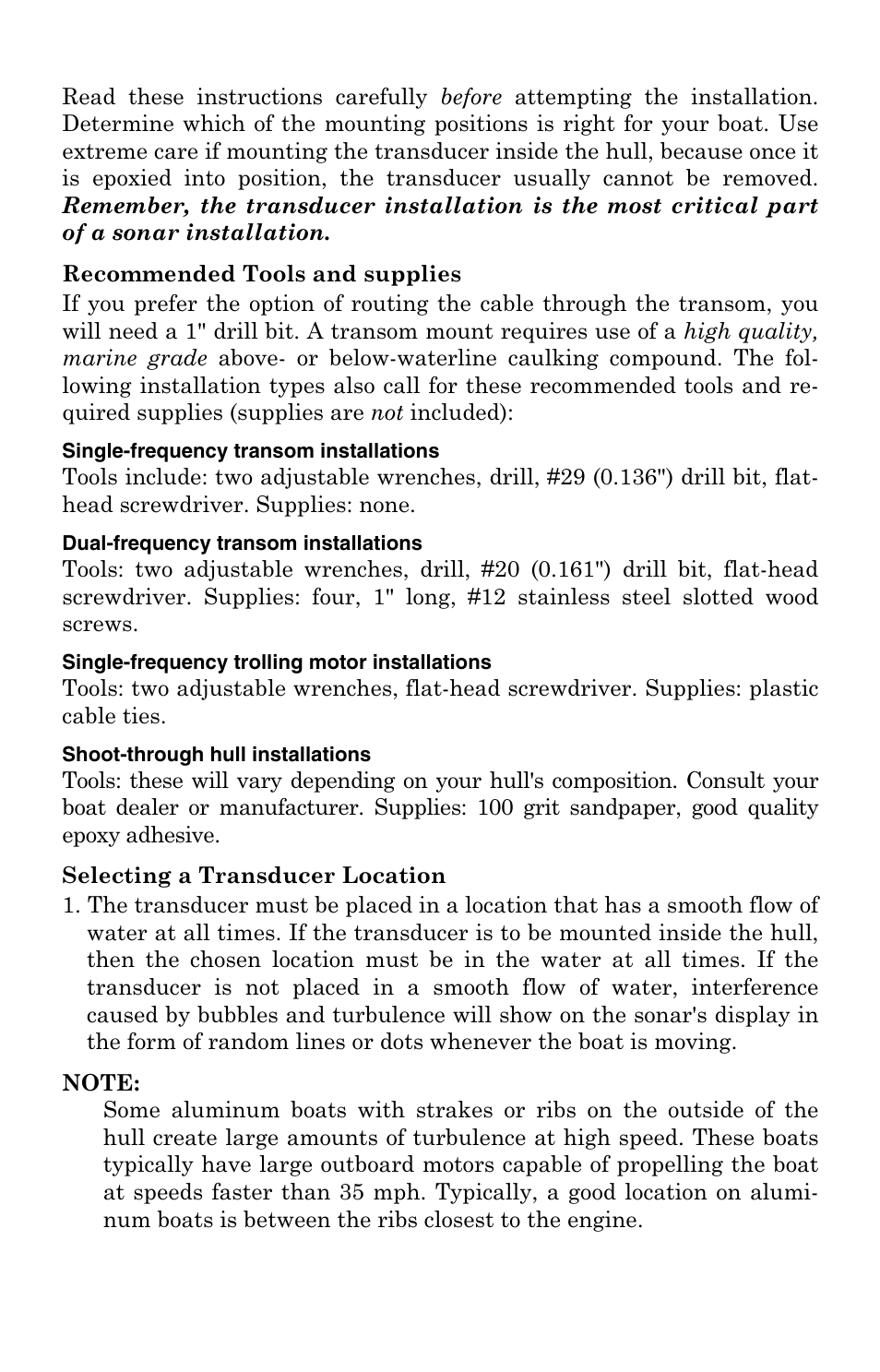 Recommended tools and supplies, Selecting a transducer location | Lowrance electronic LCX-104C User Manual | Page 22 / 200