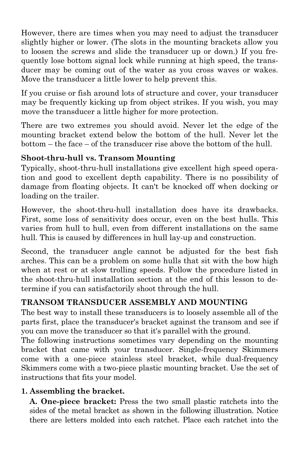 Shoot-thru-hull vs. transom mounting, Transom transducer assembly and mounting | Lowrance electronic LCX-104C User Manual | Page 24 / 200