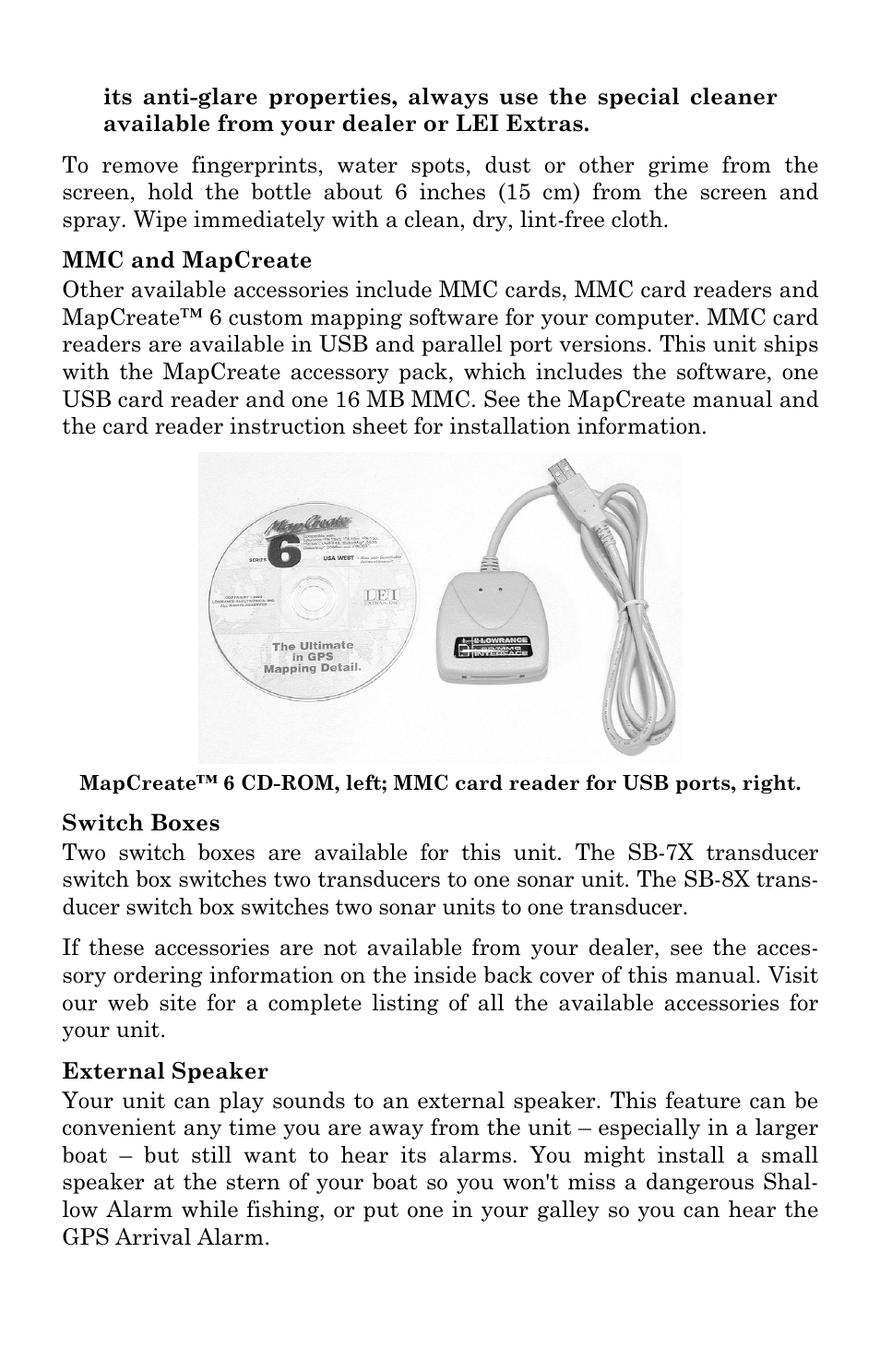 Mmc and mapcreate, Switch boxes, External speaker | Mmc and mapcreate switch boxes external speaker | Lowrance electronic LCX-104C User Manual | Page 45 / 200