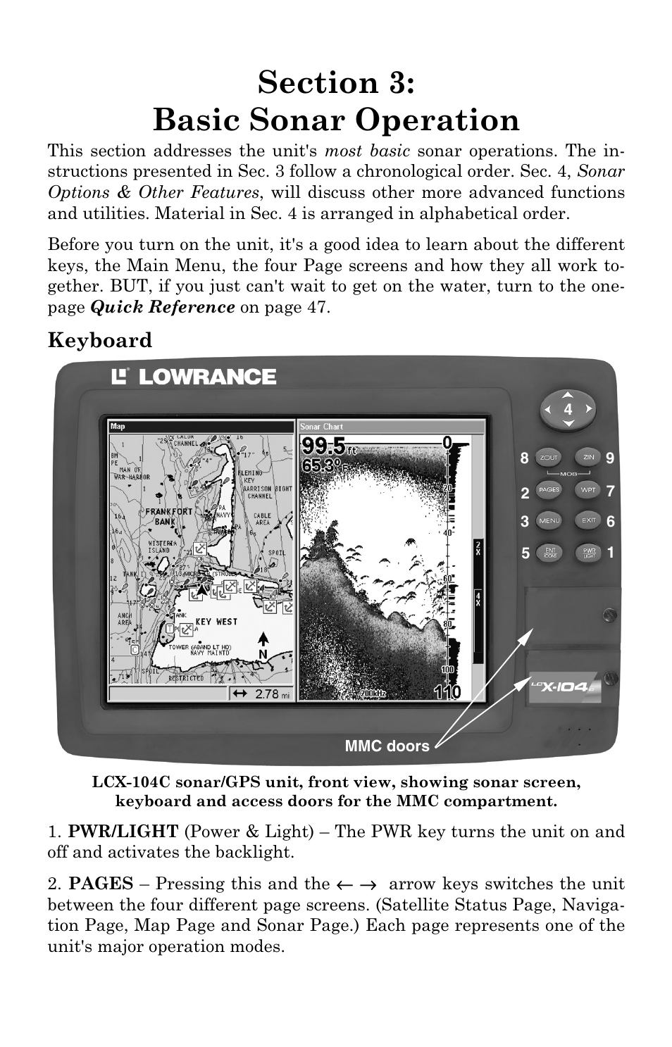 Sec. 3: basic sonar operation, Keyboard, Sec. 3: basic sonar operation keyboard | Lowrance electronic LCX-104C User Manual | Page 47 / 200