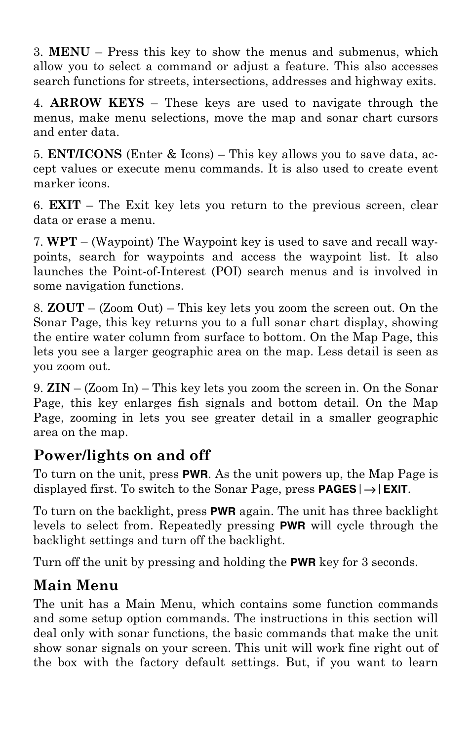 Power/lights on and off, Main menu, Power/lights (turn unit on and off) main menu | Lowrance electronic LCX-104C User Manual | Page 48 / 200