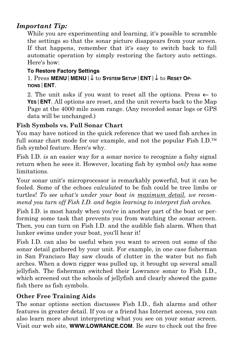 Fish symbol vs. full sonar chart, Other free training aids, Important tip | Lowrance electronic LCX-104C User Manual | Page 58 / 200