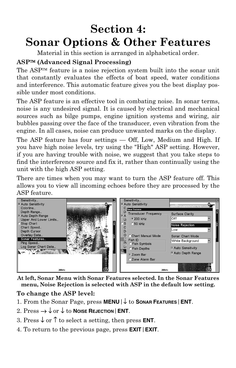 Sec. 4: sonar options & other features, Asp™ (advanced signal processing), Sec. 4: sonar options & other features asp | Advanced signal processing) | Lowrance electronic LCX-104C User Manual | Page 61 / 200