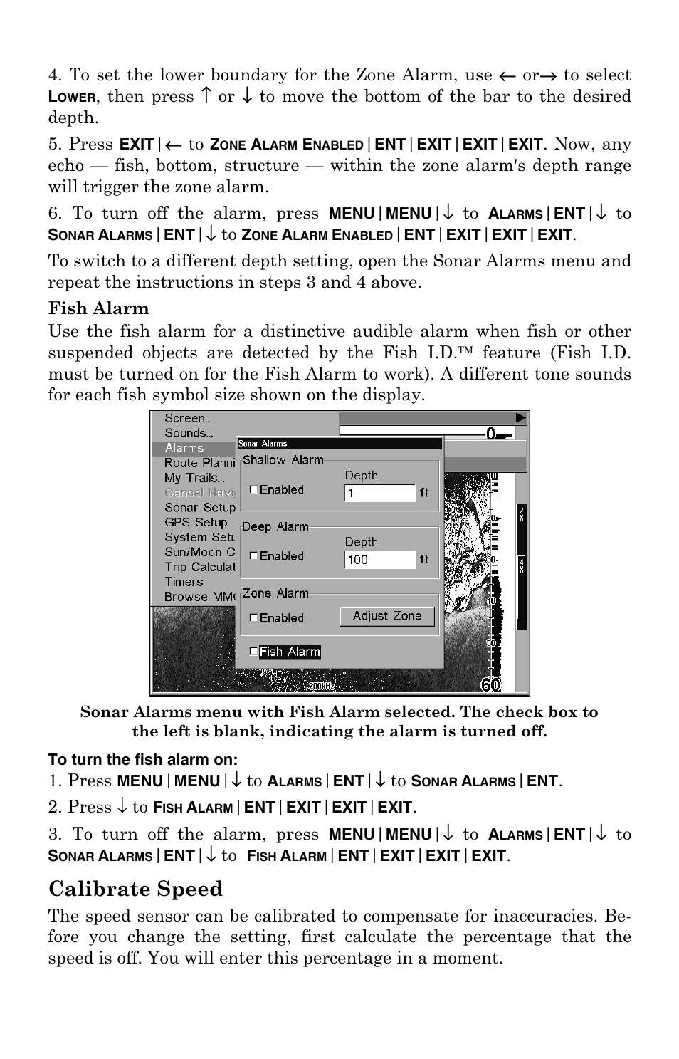 Fish alarm, Calibrate speed | Lowrance electronic LCX-104C User Manual | Page 64 / 200
