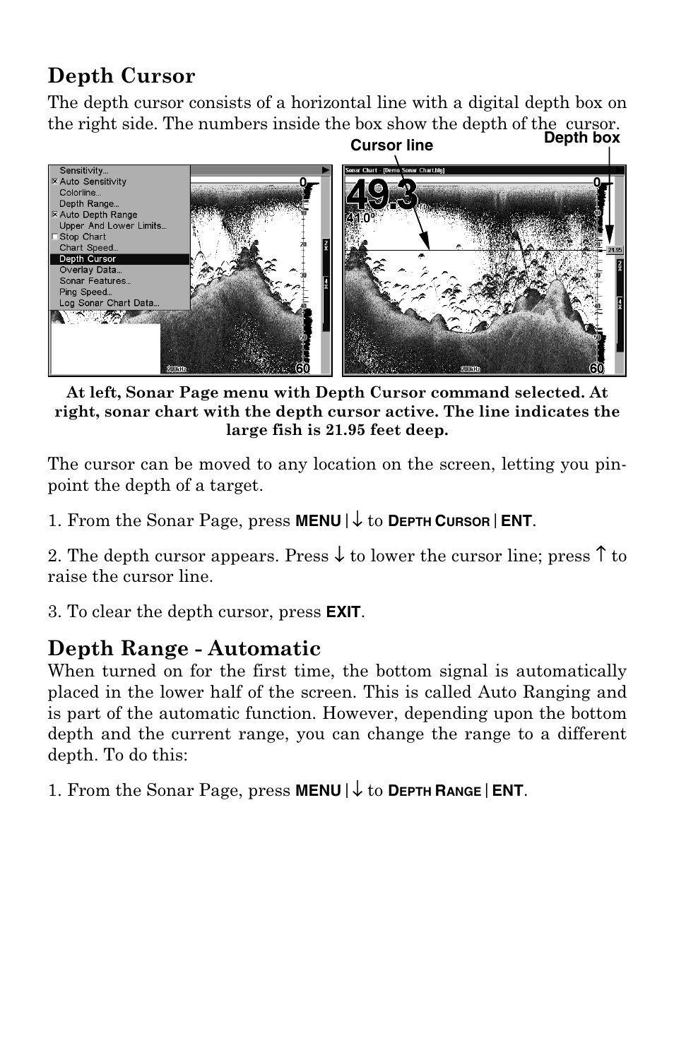 Depth cursor, Depth range - automatic, Depth cursor depth range - automatic | Lowrance electronic LCX-104C User Manual | Page 68 / 200