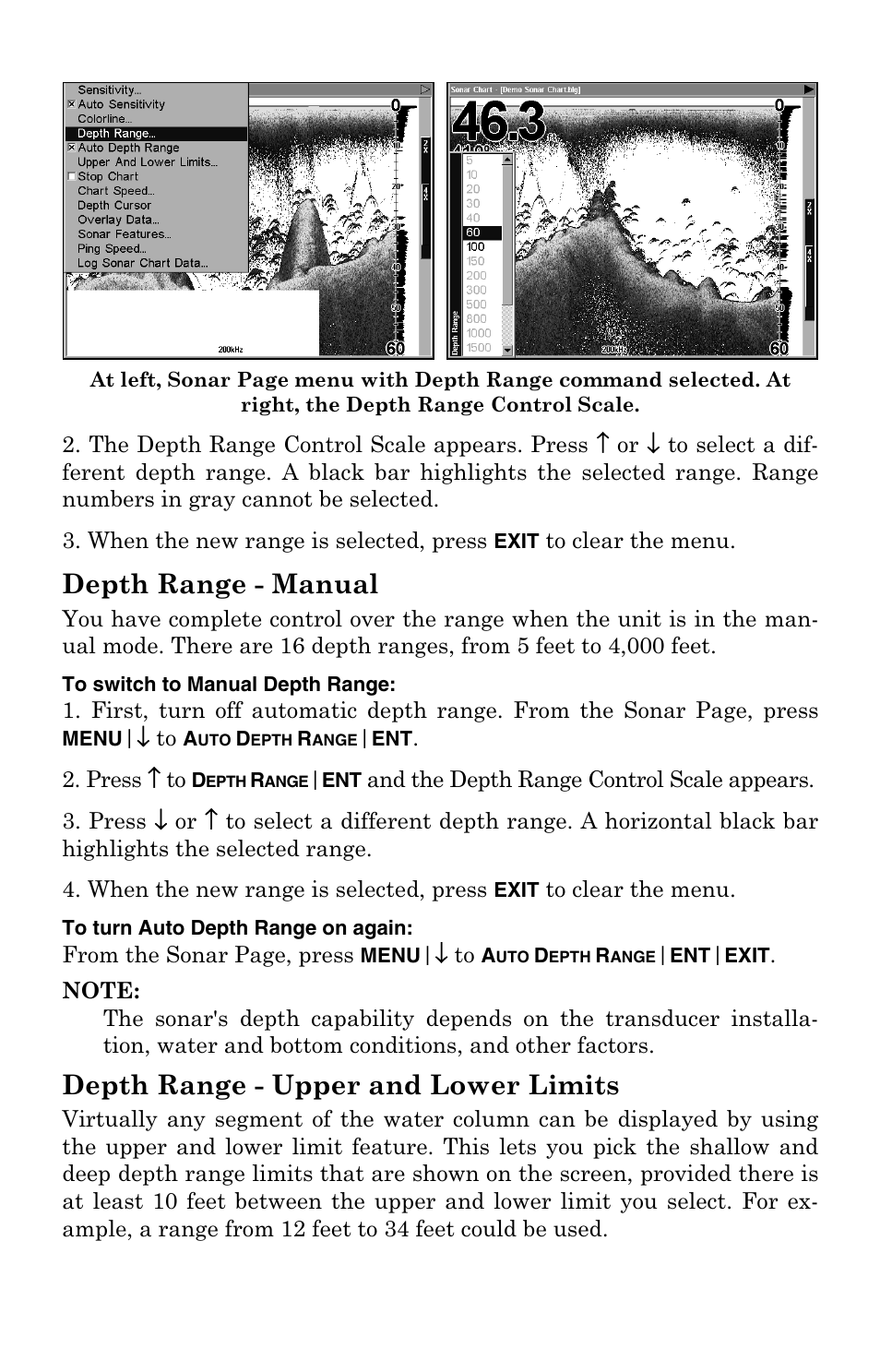 Depth range - manual, Depth range - upper and lower limits | Lowrance electronic LCX-104C User Manual | Page 69 / 200