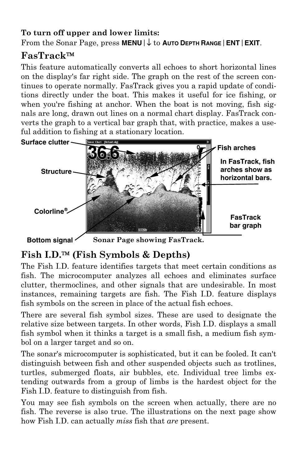 Fastrack, Fish i.d.™ (fish symbols & depths), Fish i.d | Fish symbols & depths), Fish i.d.  (fish symbols & depths) | Lowrance electronic LCX-104C User Manual | Page 71 / 200