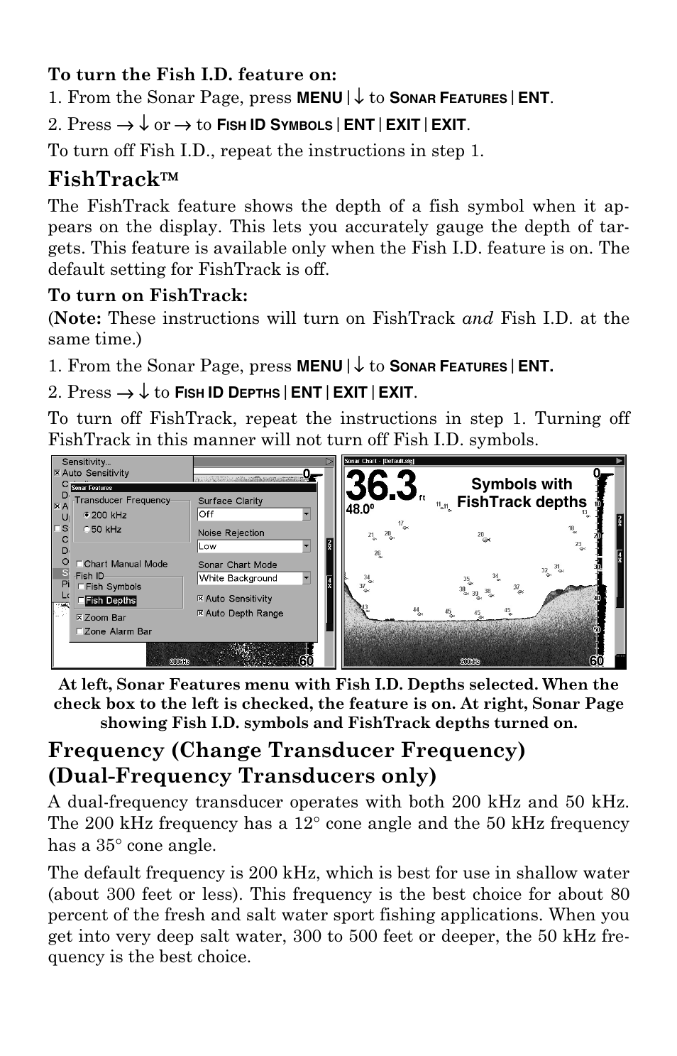 Fishtrack, Frequency (change transducer frequency) | Lowrance electronic LCX-104C User Manual | Page 73 / 200