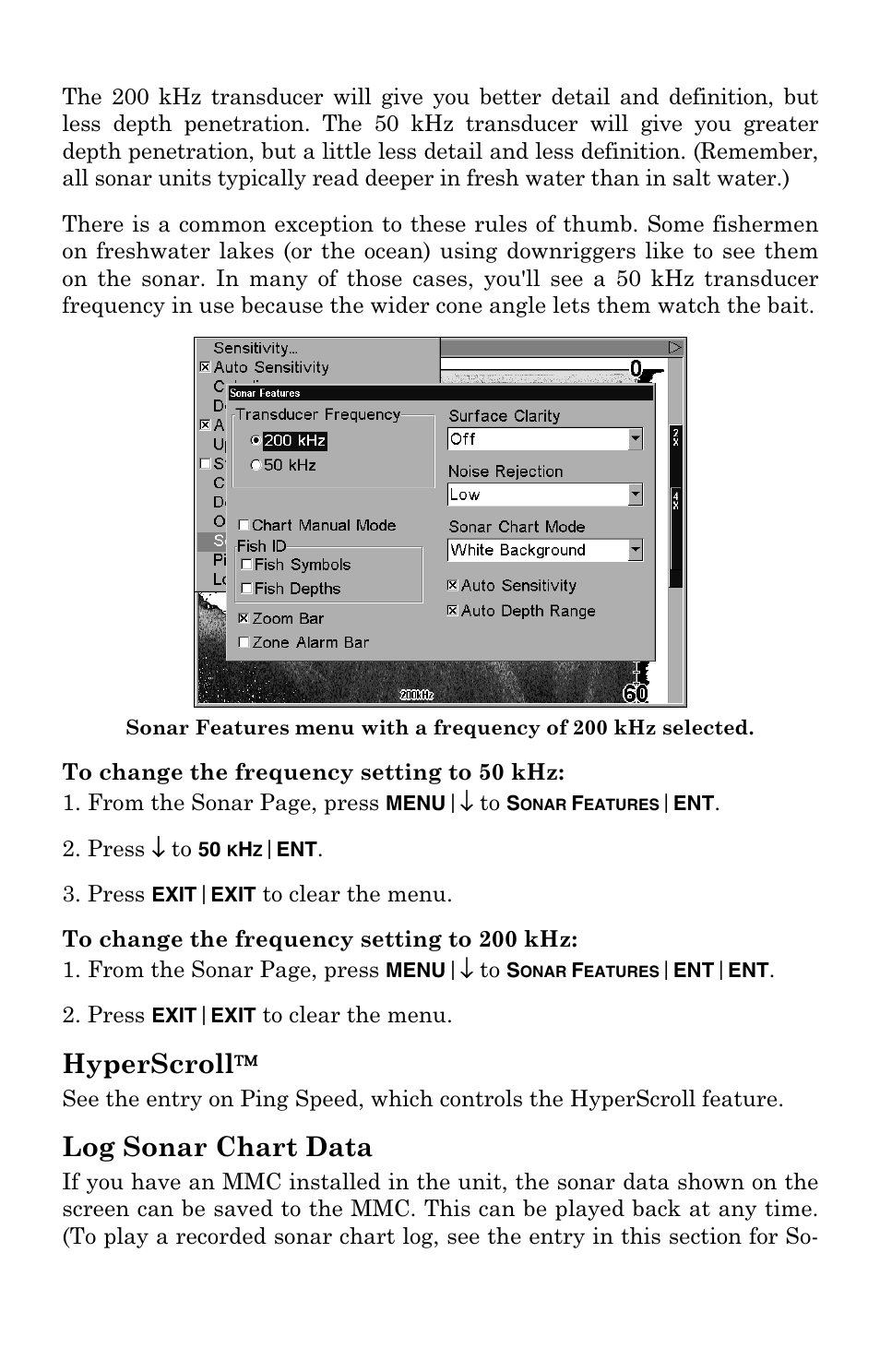 Hyperscroll, Log sonar chart data | Lowrance electronic LCX-104C User Manual | Page 74 / 200