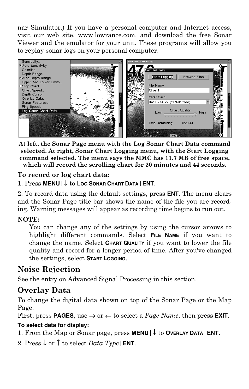 Noise rejection, Overlay data, Noise rejection overlay data | Lowrance electronic LCX-104C User Manual | Page 75 / 200