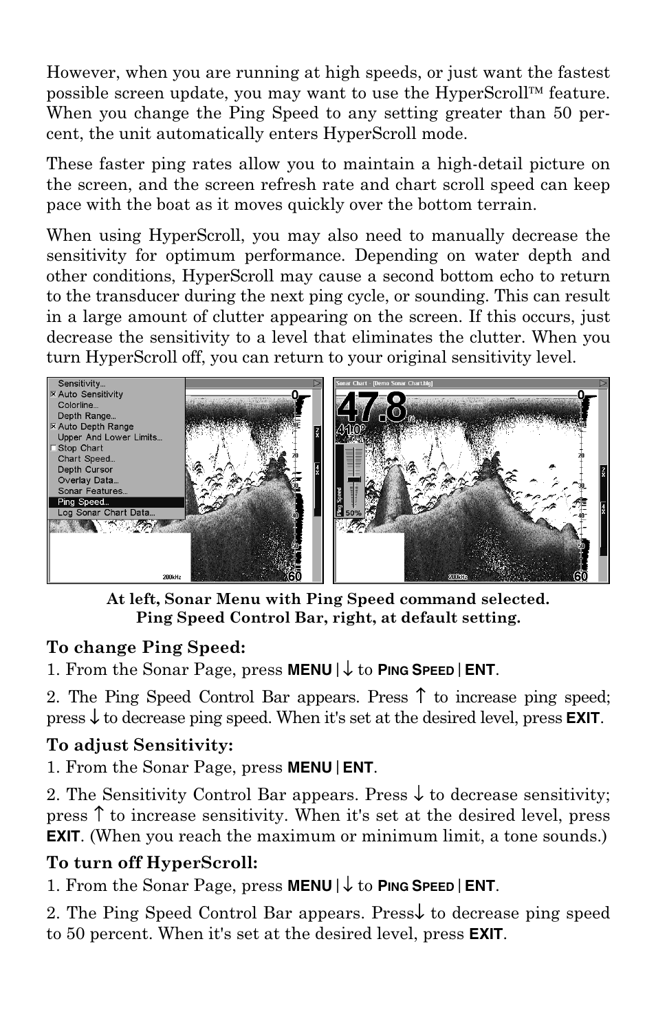 To change ping speed, To adjust sensitivity, To turn off hyperscroll | Lowrance electronic LCX-104C User Manual | Page 78 / 200