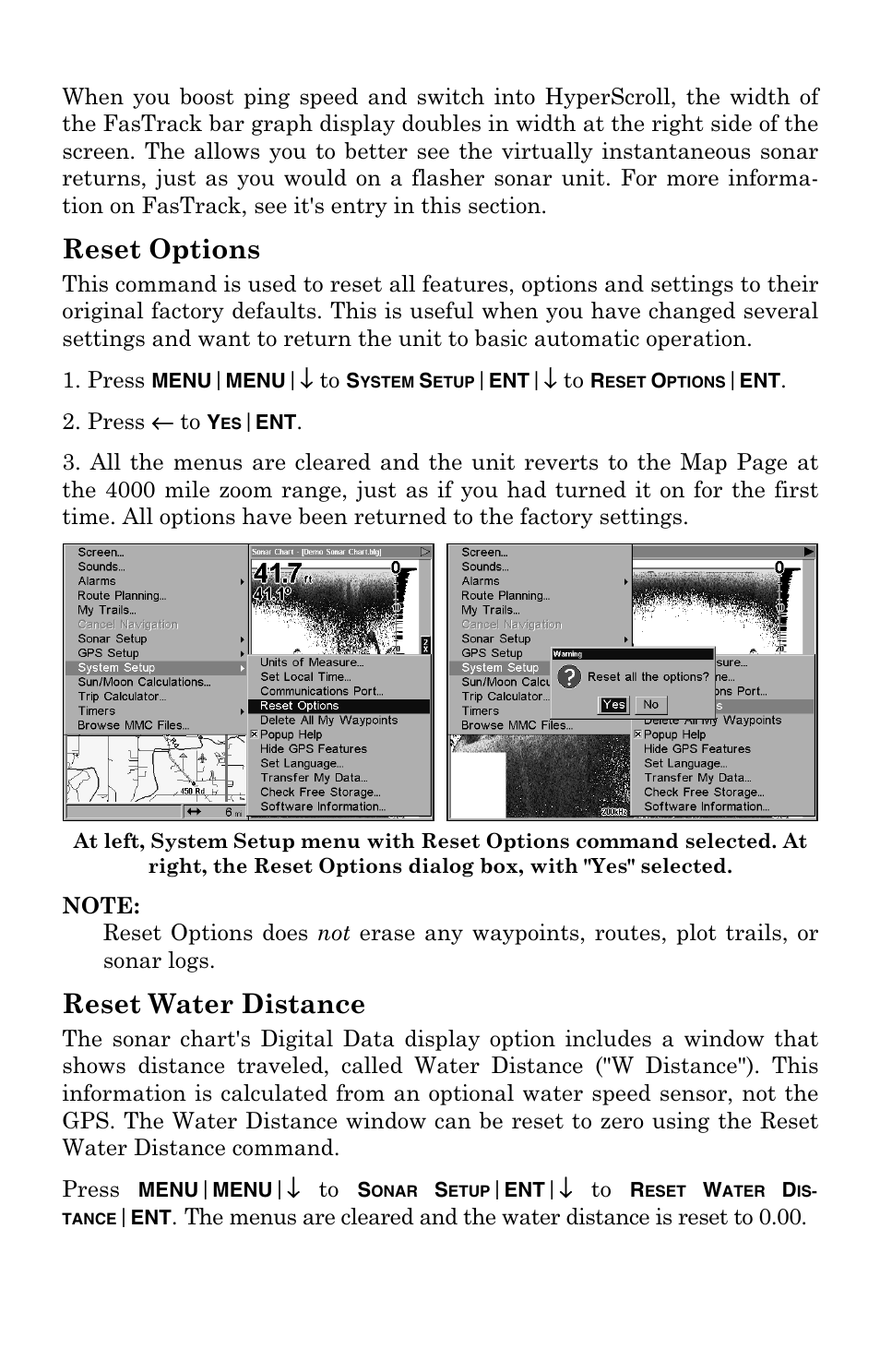 Reset options, Reset water distance, Reset options reset water distance | Lowrance electronic LCX-104C User Manual | Page 79 / 200