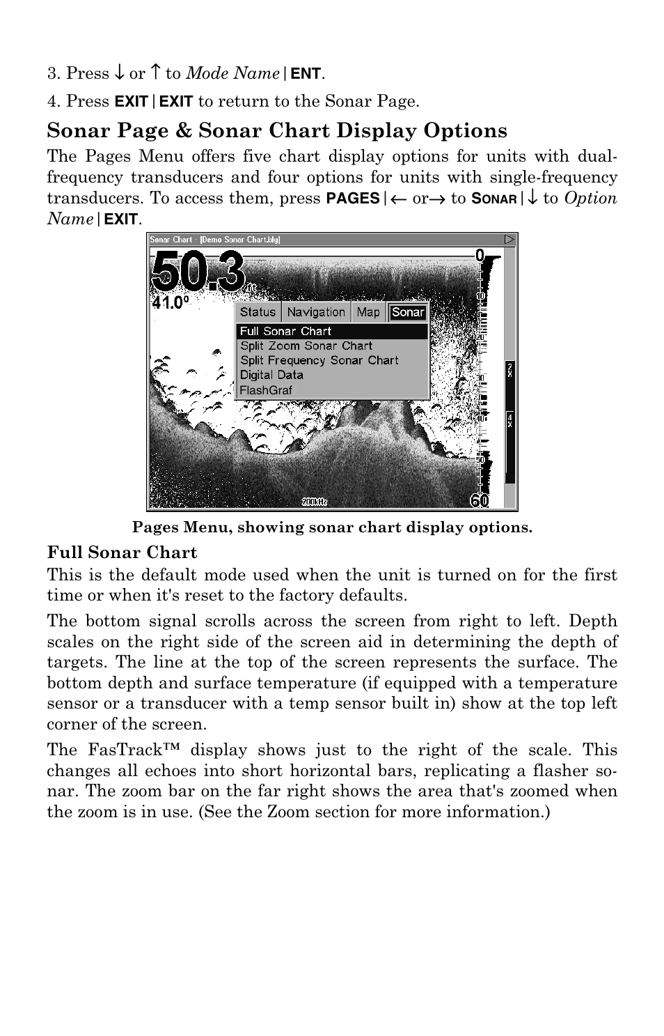 Full sonar chart, Sonar page & sonar chart display options | Lowrance electronic LCX-104C User Manual | Page 83 / 200