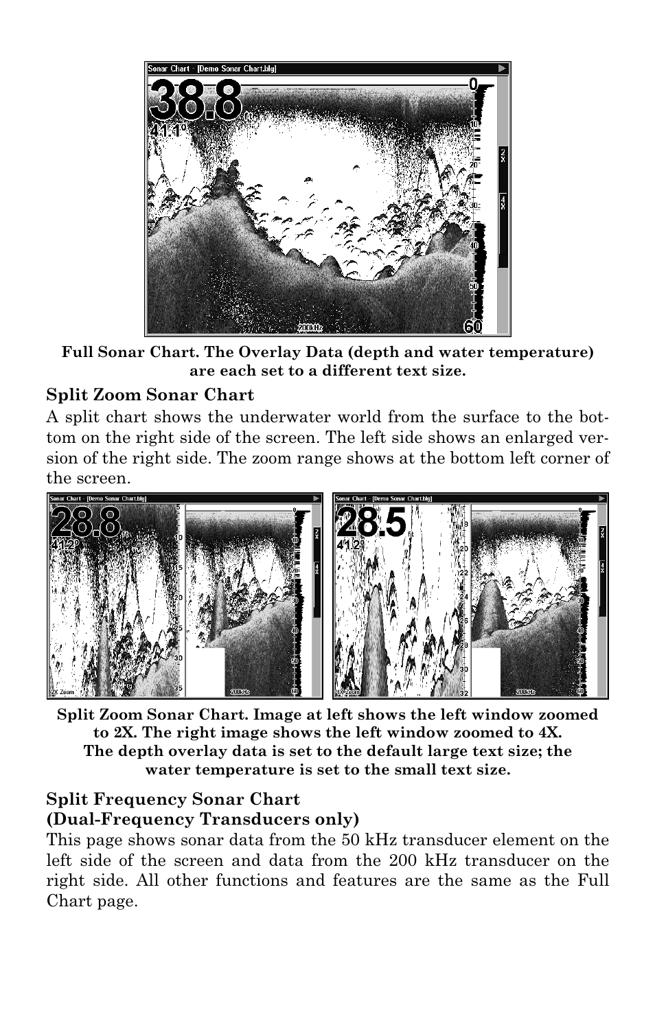Split zoom sonar chart, Split frequency sonar chart, Split zoom sonar chart split frequency sonar chart | Lowrance electronic LCX-104C User Manual | Page 84 / 200