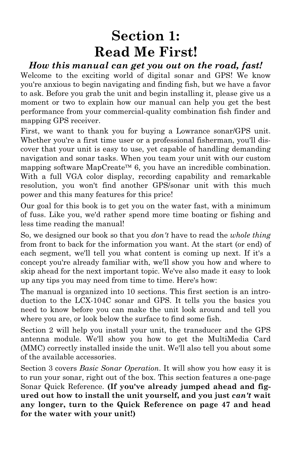 Sec. 1: read me first | Lowrance electronic LCX-104C User Manual | Page 9 / 200