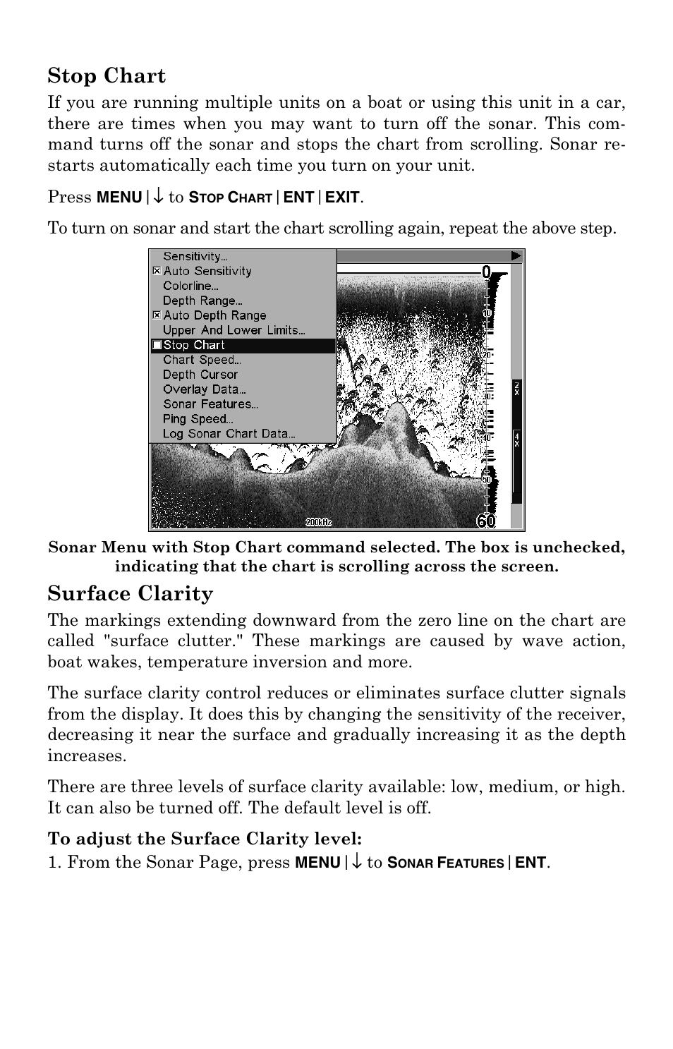Stop chart, Surface clarity, Stop chart surface clarity | Lowrance electronic LCX-104C User Manual | Page 91 / 200