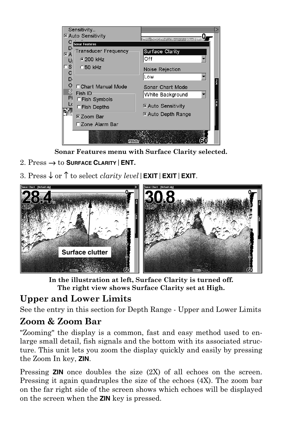 Upper and lower limits, Zoom & zoom bar, Upper and lower limits zoom & zoom bar | Lowrance electronic LCX-104C User Manual | Page 92 / 200