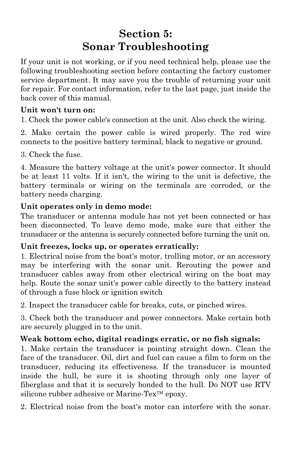 Sec. 5: sonar troubleshooting | Lowrance electronic LCX-104C User Manual | Page 95 / 200