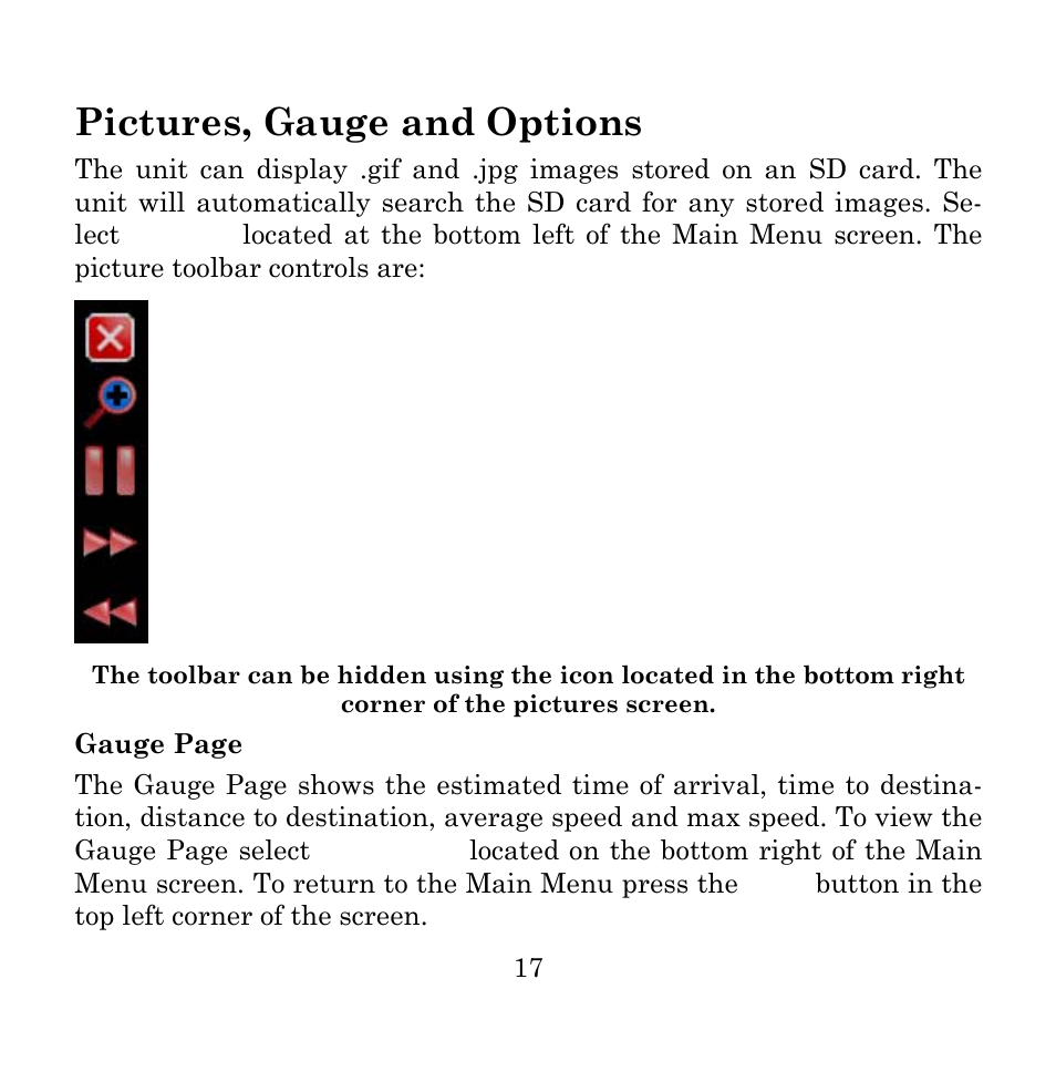 Pictures, gauge and options | Lowrance electronic Mapping GPS and Multimedia Player User Manual | Page 19 / 60