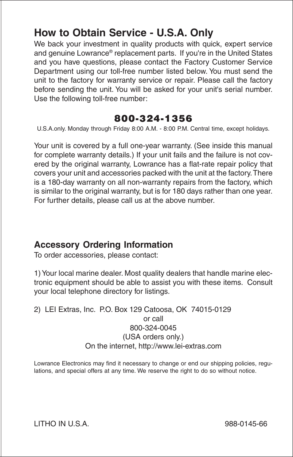 How to obtain service - u.s.a. only, Accessory ordering information | Lowrance electronic GlobalMap 100 User Manual | Page 72 / 72