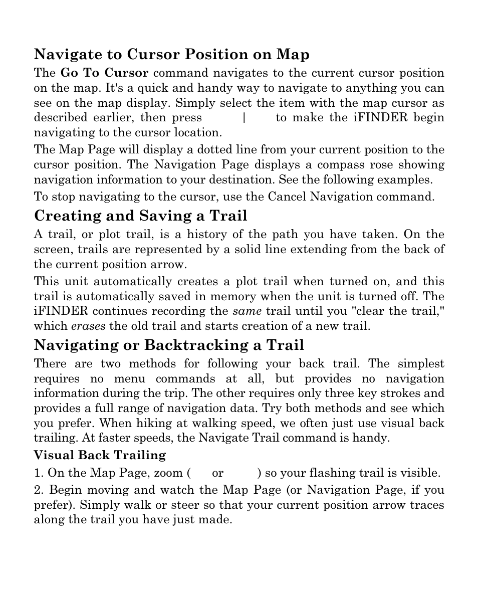 Navigate to cursor position on map, Creating and saving a trail, Navigating or backtracking a trail | Lowrance electronic iFINDER Go Handheld Mapping GPS Receiver User Manual | Page 11 / 16