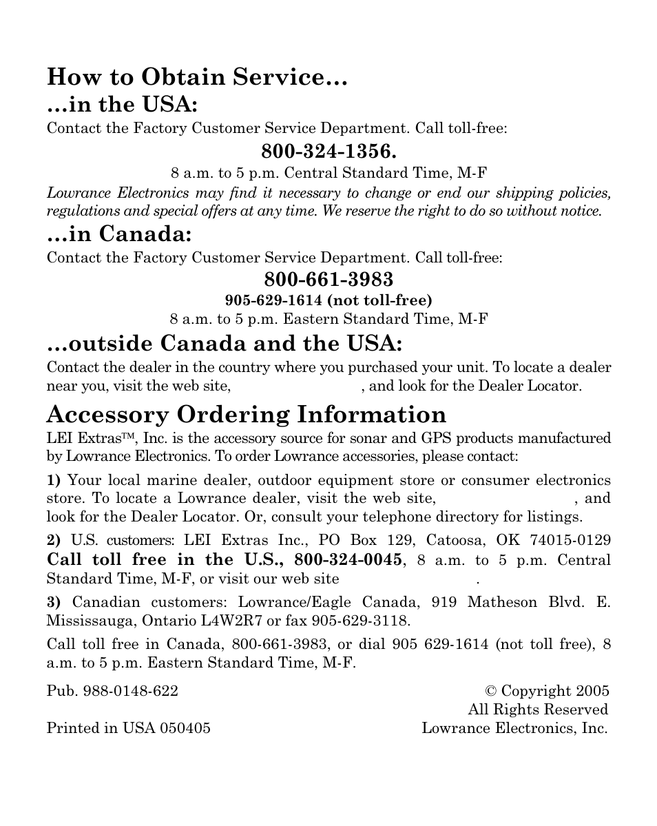 How to obtain service, Accessory ordering information, Outside canada and the usa | Lowrance electronic iFINDER Go Handheld Mapping GPS Receiver User Manual | Page 16 / 16