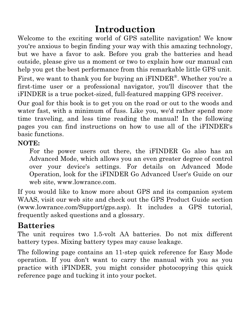 Introduction, Batteries | Lowrance electronic iFINDER Go Handheld Mapping GPS Receiver User Manual | Page 3 / 16