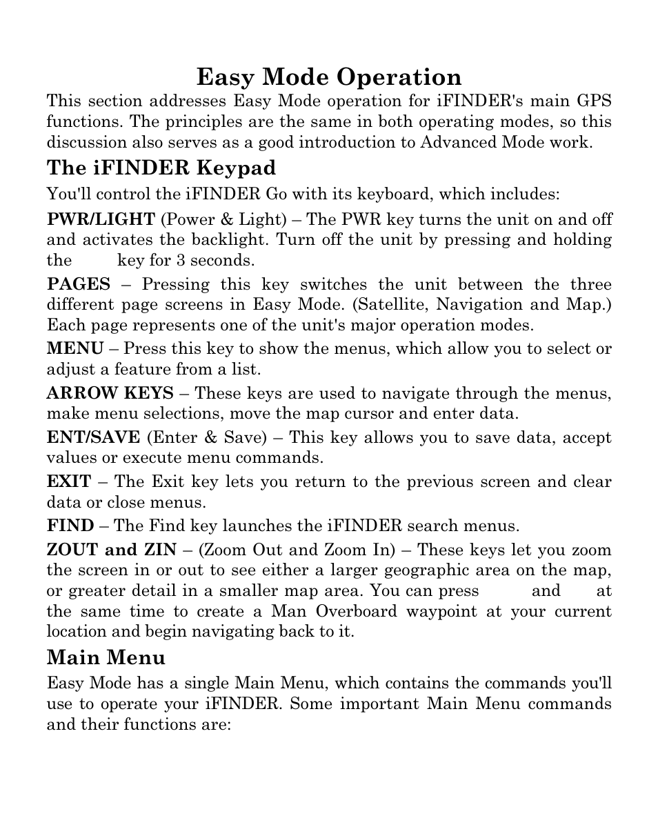 Easy mode operation, The ifinder keypad, Main menu | Lowrance electronic iFINDER Go Handheld Mapping GPS Receiver User Manual | Page 5 / 16