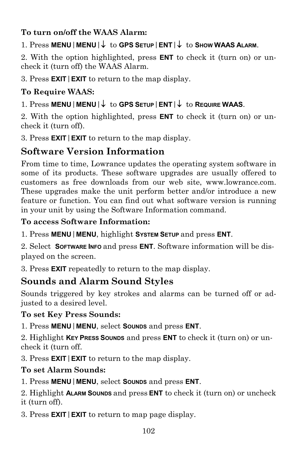 Software version information, Sounds and alarm sound styles | Lowrance electronic Lowrance GlobalMap 5300C iGPS User Manual | Page 110 / 172