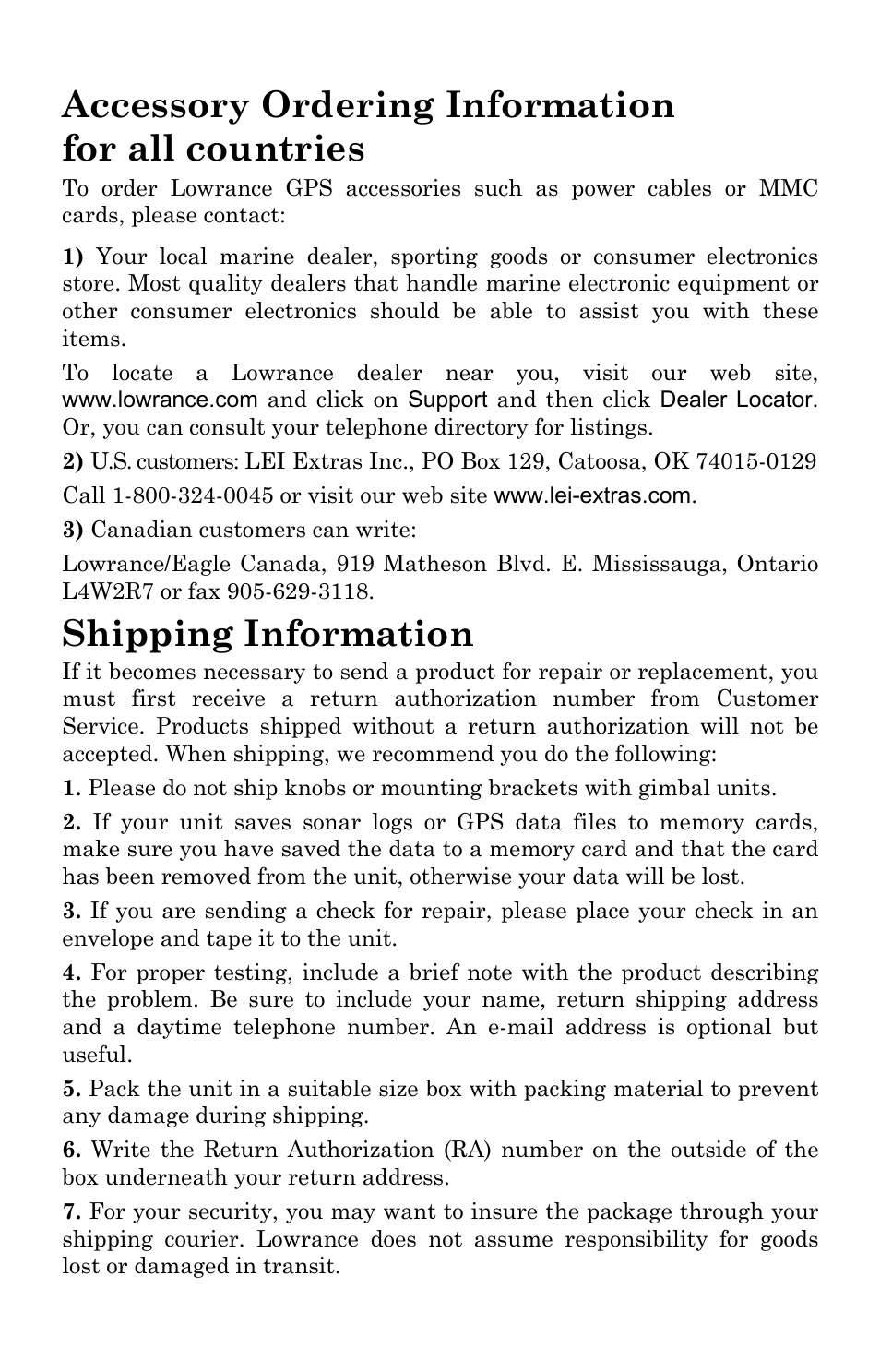 Accessory ordering information for all countries, Shipping information | Lowrance electronic Lowrance GlobalMap 5300C iGPS User Manual | Page 171 / 172
