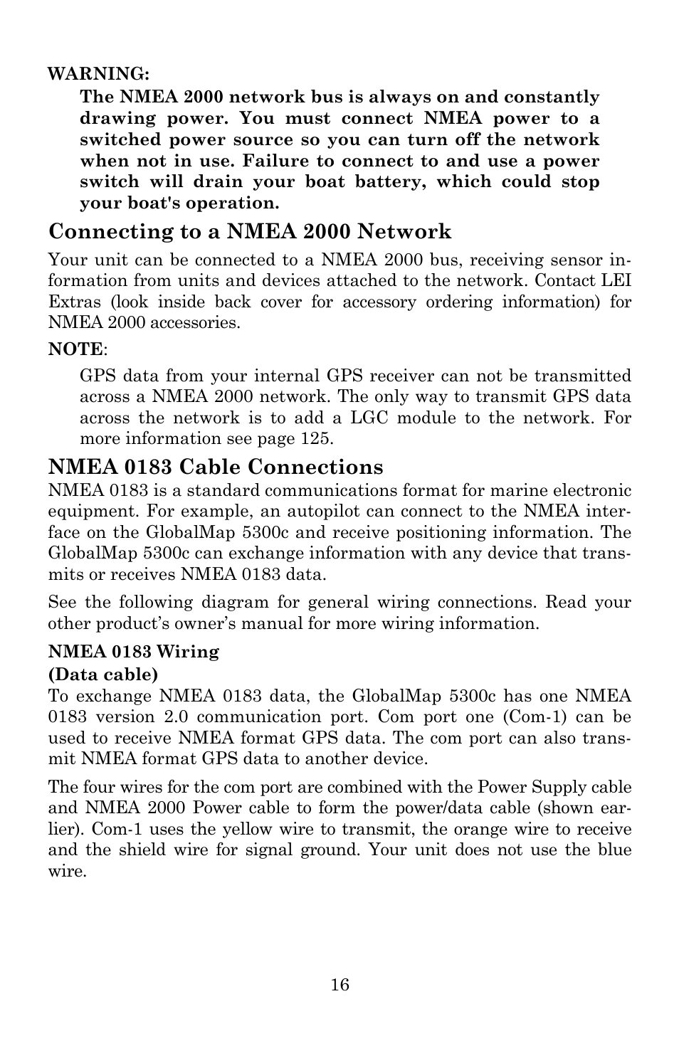 Connecting to a nmea 2000 network, Nmea 0183 cable connections | Lowrance electronic Lowrance GlobalMap 5300C iGPS User Manual | Page 24 / 172
