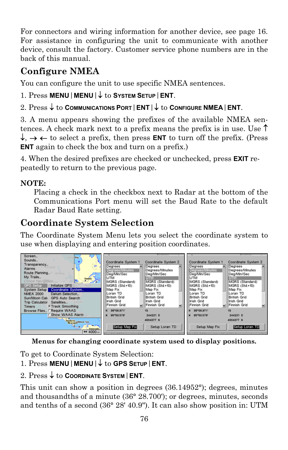 Configure nmea, Coordinate system selection | Lowrance electronic Lowrance GlobalMap 5300C iGPS User Manual | Page 84 / 172