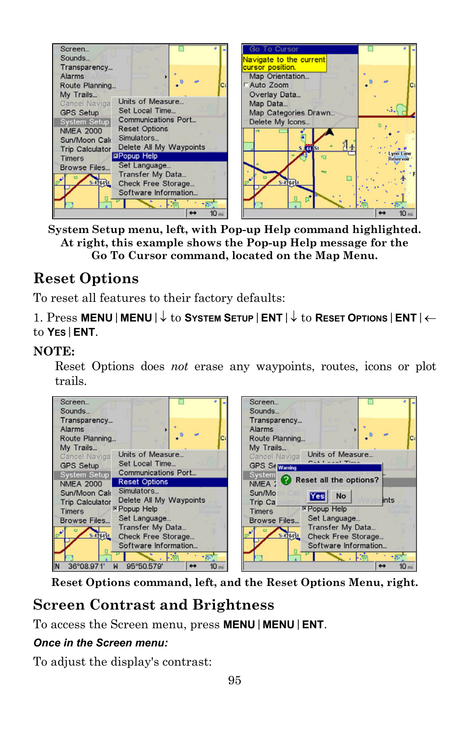 Reset options, Screen contrast and brightness | Lowrance electronic Lowrance GlobalMap 5200C User Manual | Page 101 / 164