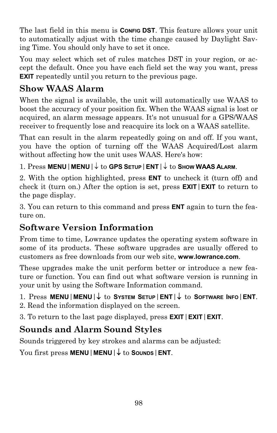 Show waas alarm, Software version information, Sounds and alarm sound styles | Lowrance electronic Lowrance GlobalMap 5200C User Manual | Page 104 / 164