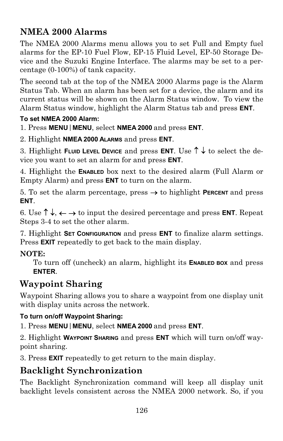 Nmea 2000 alarms, Waypoint sharing, Backlight synchronization | Lowrance electronic Lowrance GlobalMap 5200C User Manual | Page 132 / 164