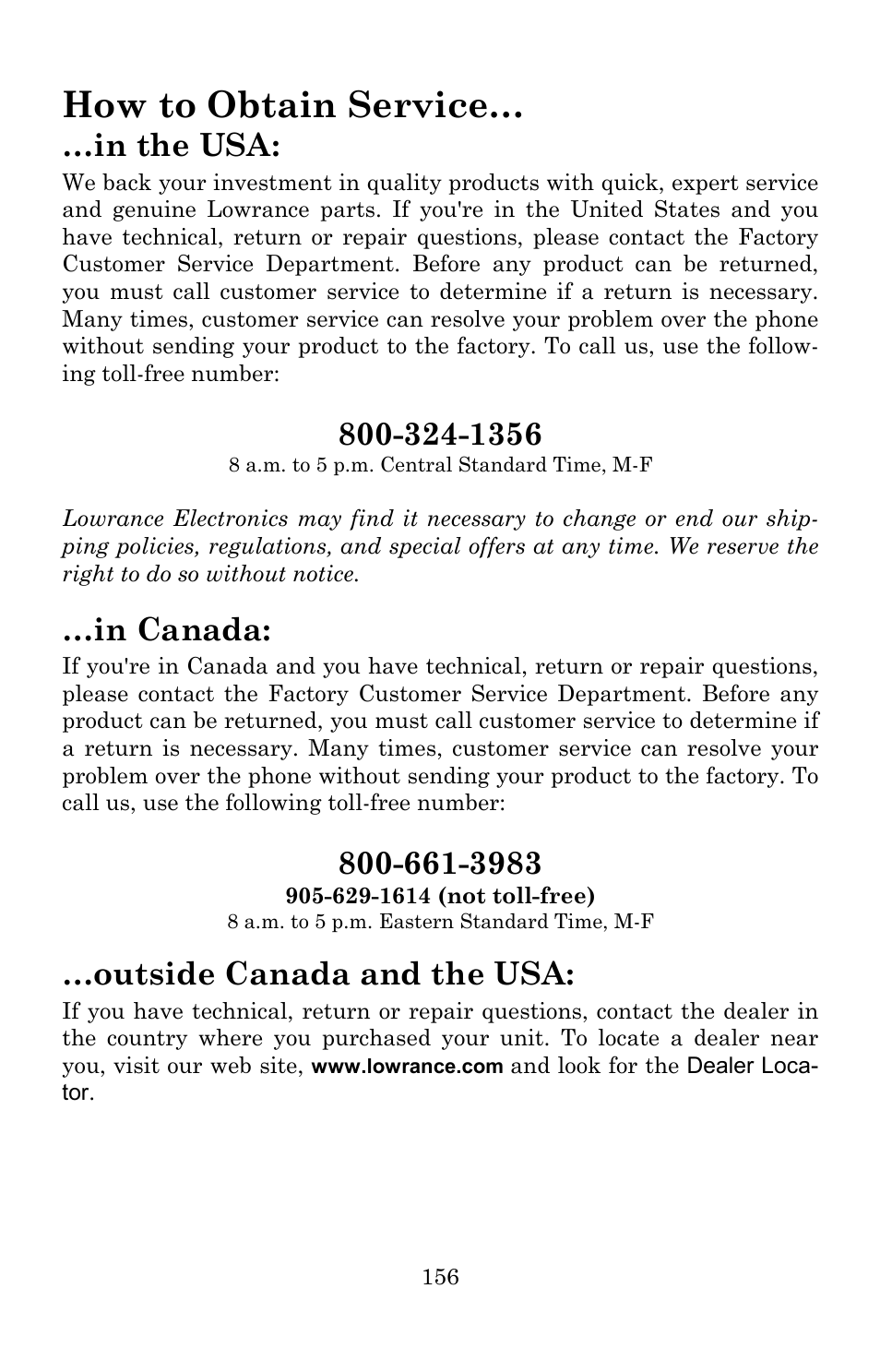 How to obtain service, Outside canada and the usa | Lowrance electronic Lowrance GlobalMap 5200C User Manual | Page 162 / 164