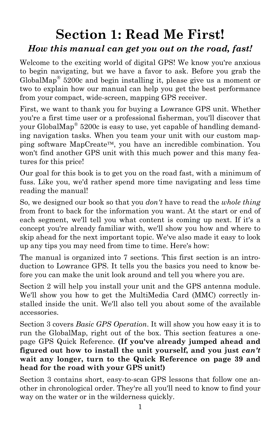 How this manual can get you out on the road, fast | Lowrance electronic Lowrance GlobalMap 5200C User Manual | Page 7 / 164