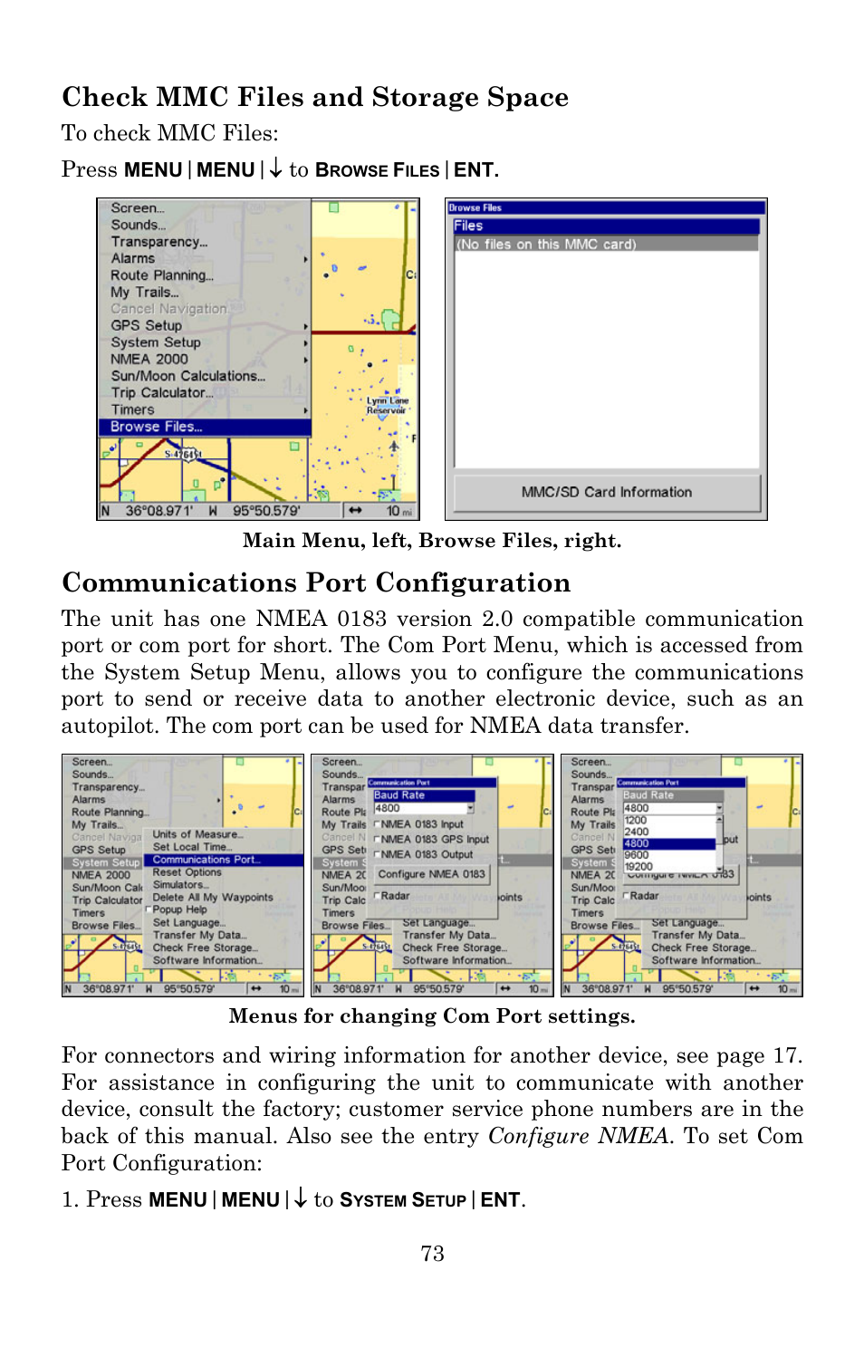 Check mmc files and storage space, Communications port configuration | Lowrance electronic Lowrance GlobalMap 5200C User Manual | Page 79 / 164