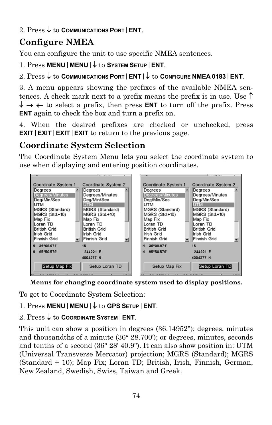 Configure nmea, Coordinate system selection | Lowrance electronic Lowrance GlobalMap 5200C User Manual | Page 80 / 164