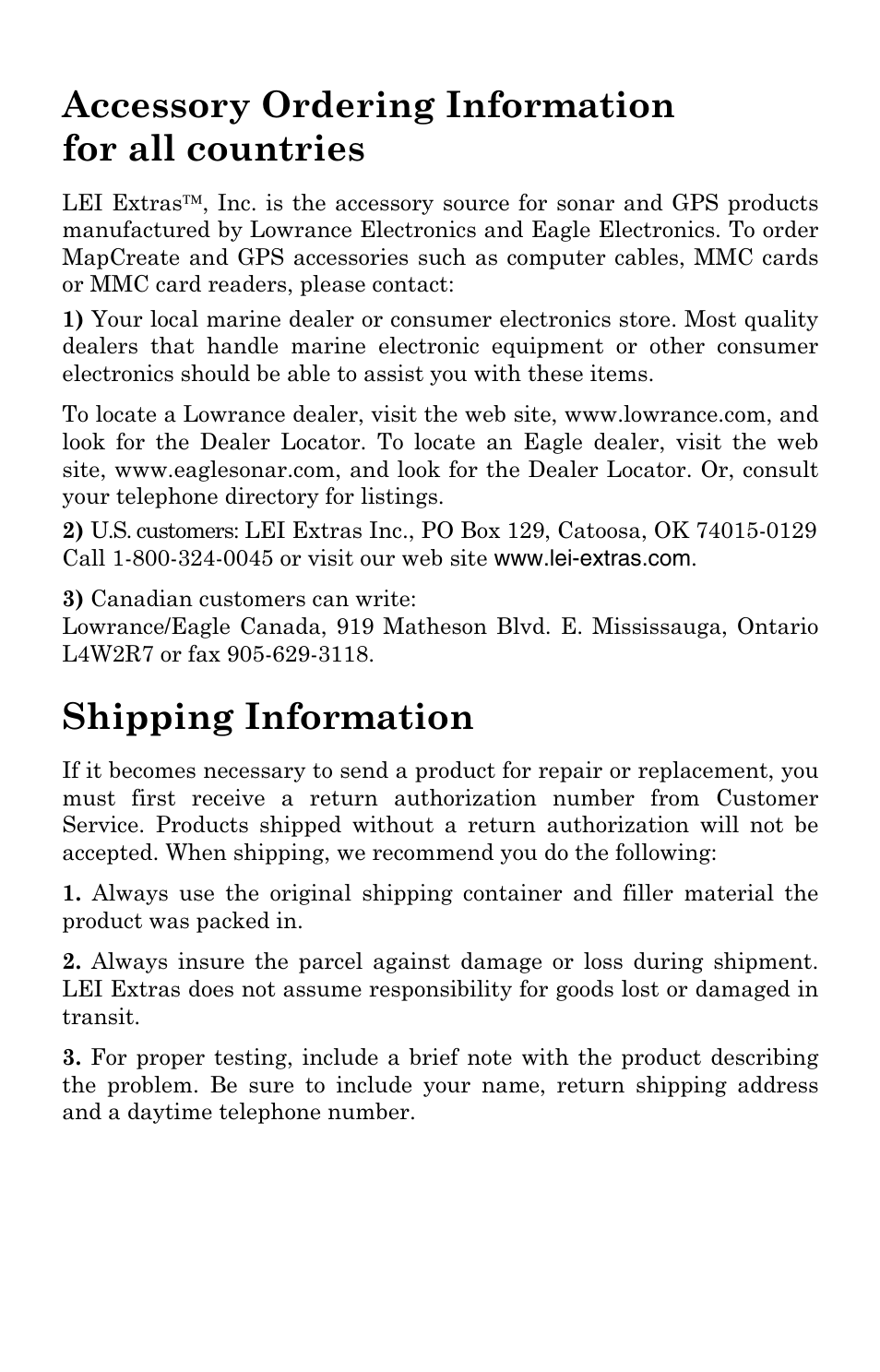 Accessory ordering information for all countries, Shipping information | Lowrance electronic MapCreate 6 User Manual | Page 79 / 80
