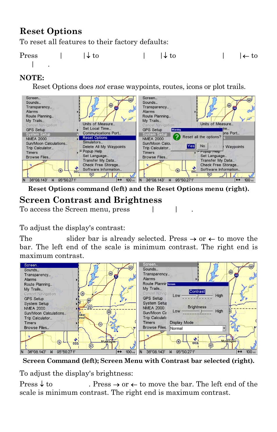 Reset options, Screen contrast and brightness | Lowrance electronic GlobalMap Baja 840C User Manual | Page 104 / 164