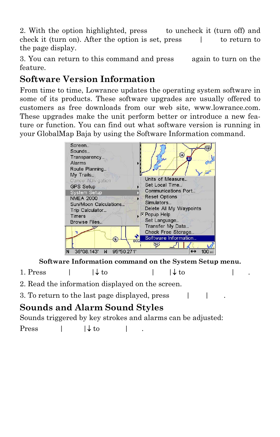 Software version information, Sounds and alarm sound styles | Lowrance electronic GlobalMap Baja 840C User Manual | Page 107 / 164