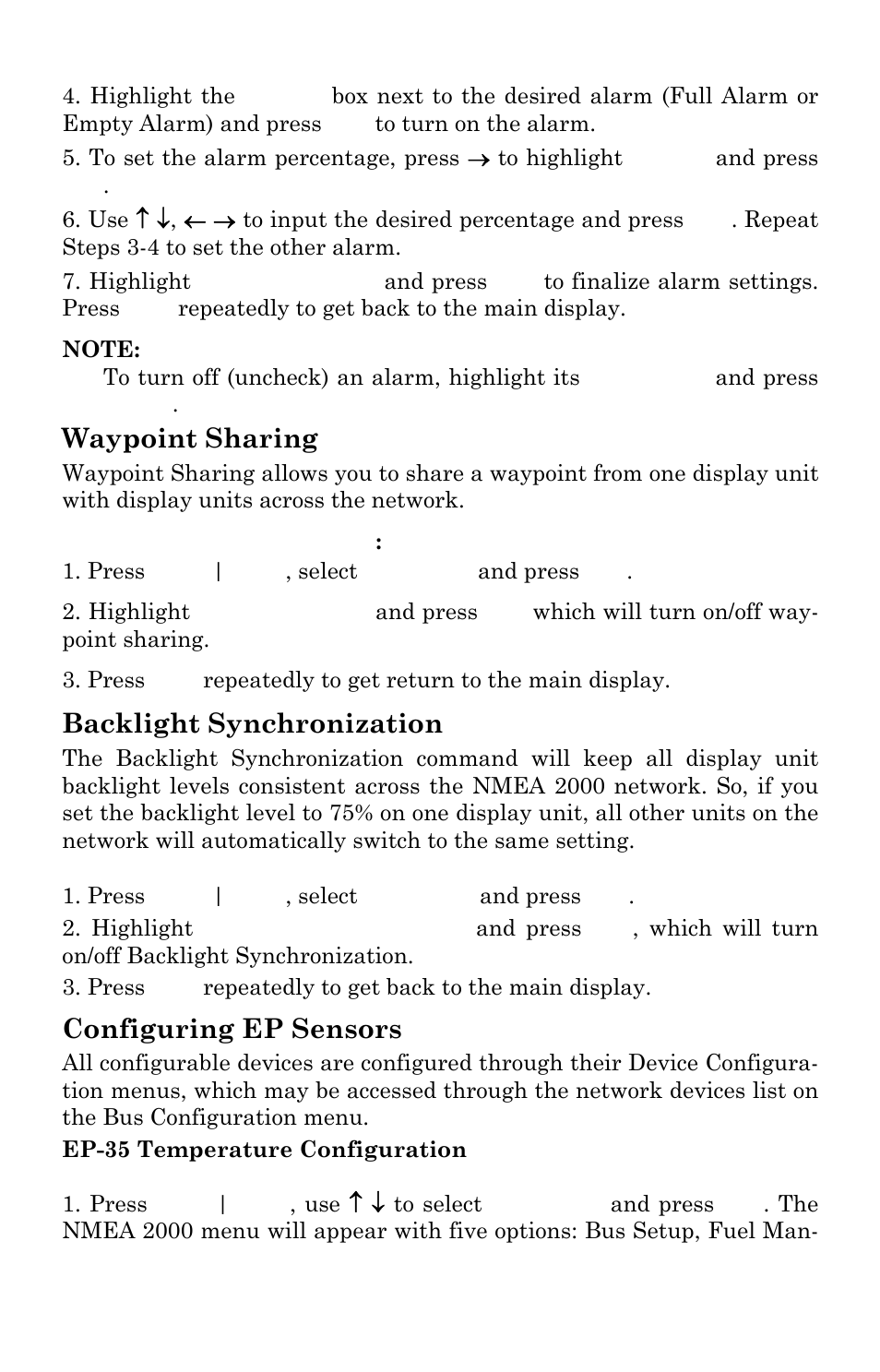 Waypoint sharing, Backlight synchronization, Configuring ep sensors | Lowrance electronic GlobalMap Baja 840C User Manual | Page 134 / 164