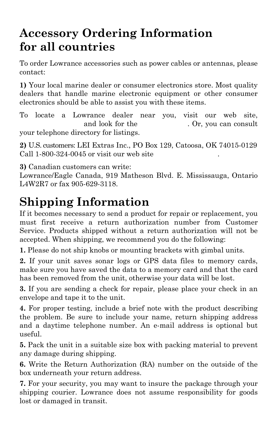 Accessory ordering information for all countries, Shipping information | Lowrance electronic GlobalMap Baja 840C User Manual | Page 163 / 164