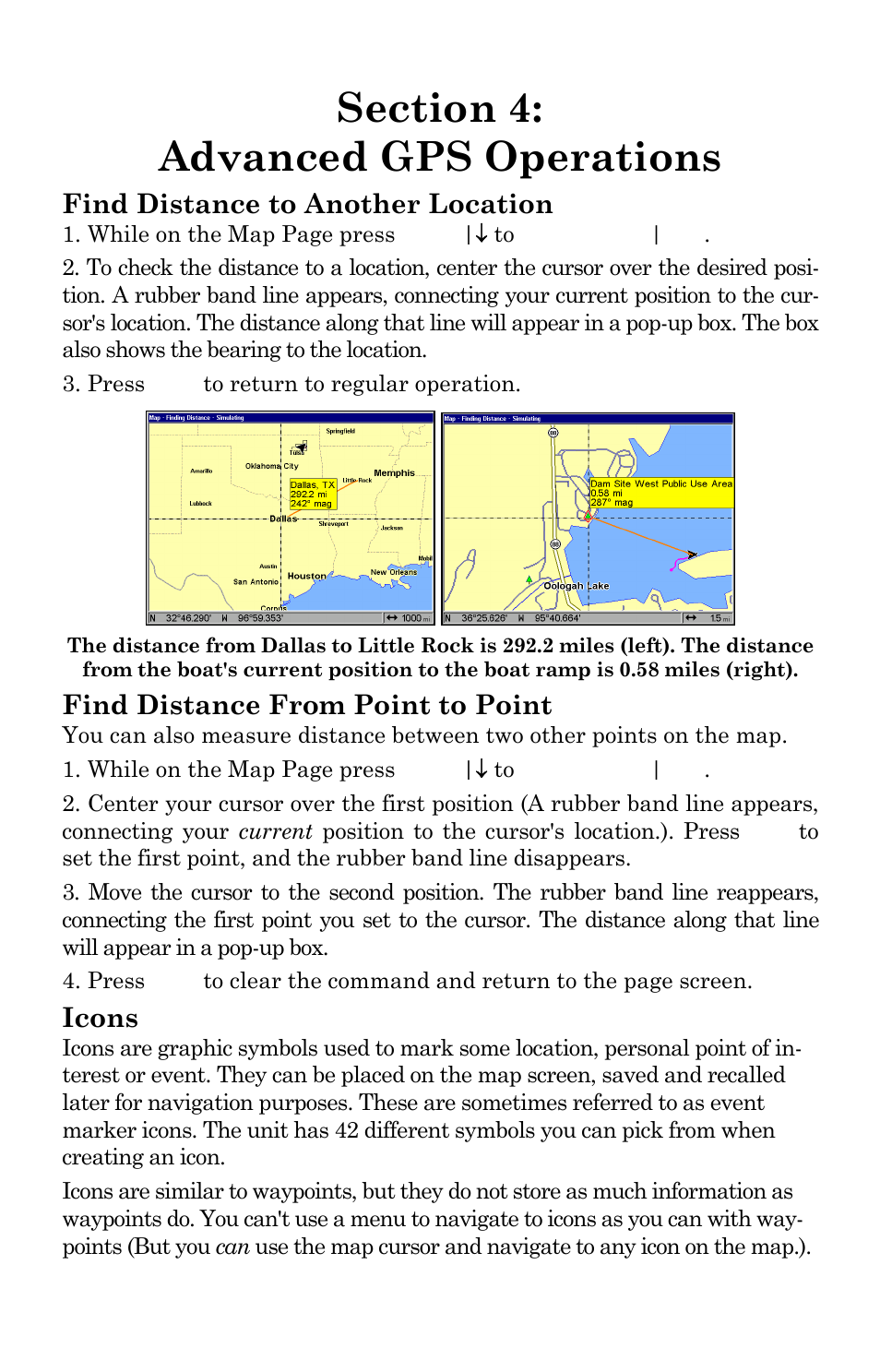 Find distance to another location, Find distance from point to point, Icons | Lowrance electronic GlobalMap Baja 840C User Manual | Page 65 / 164